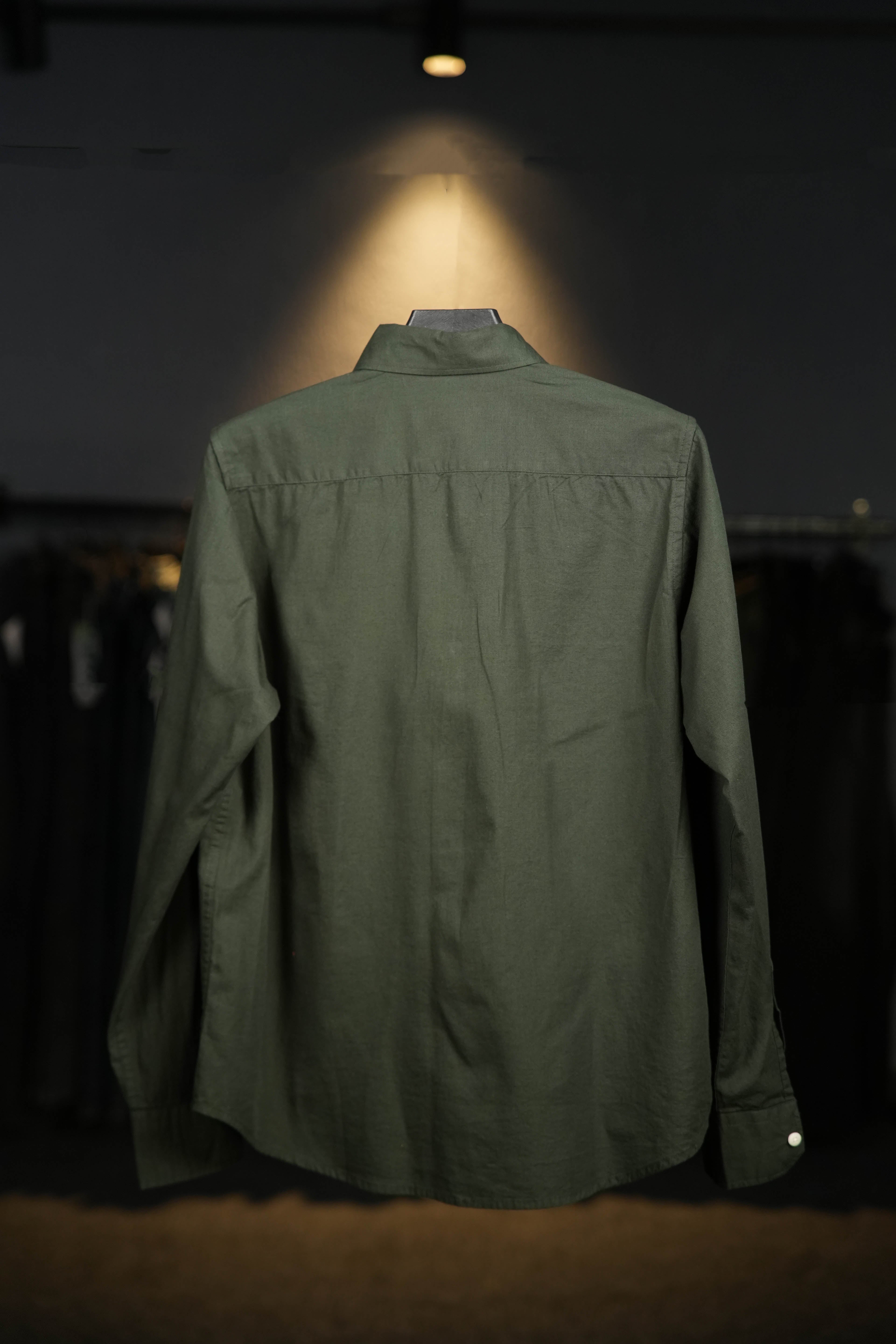 Olive Green Linen Cotton Blended Shirt