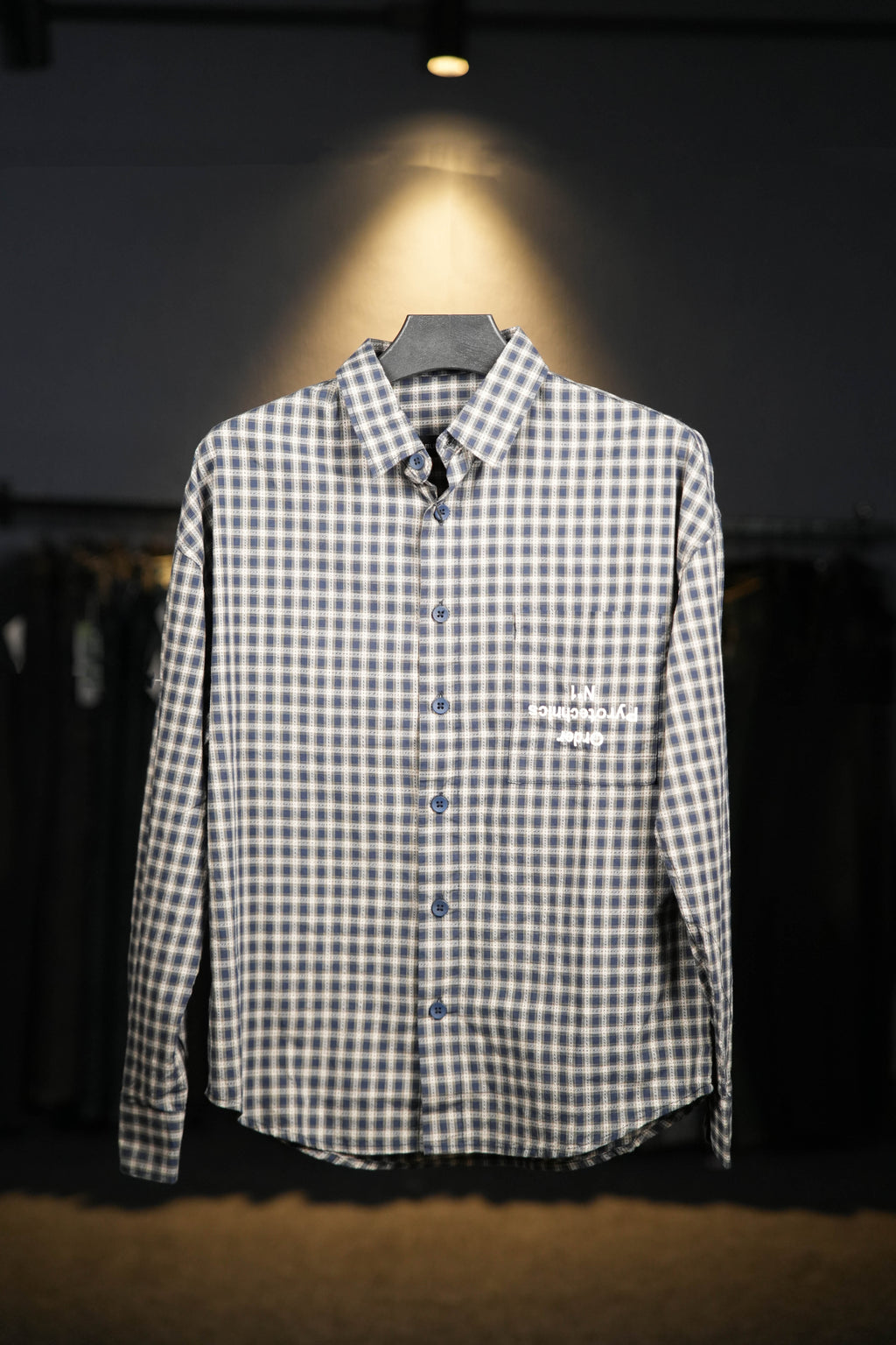 Dark Blue Embroidered Checks Shirt
