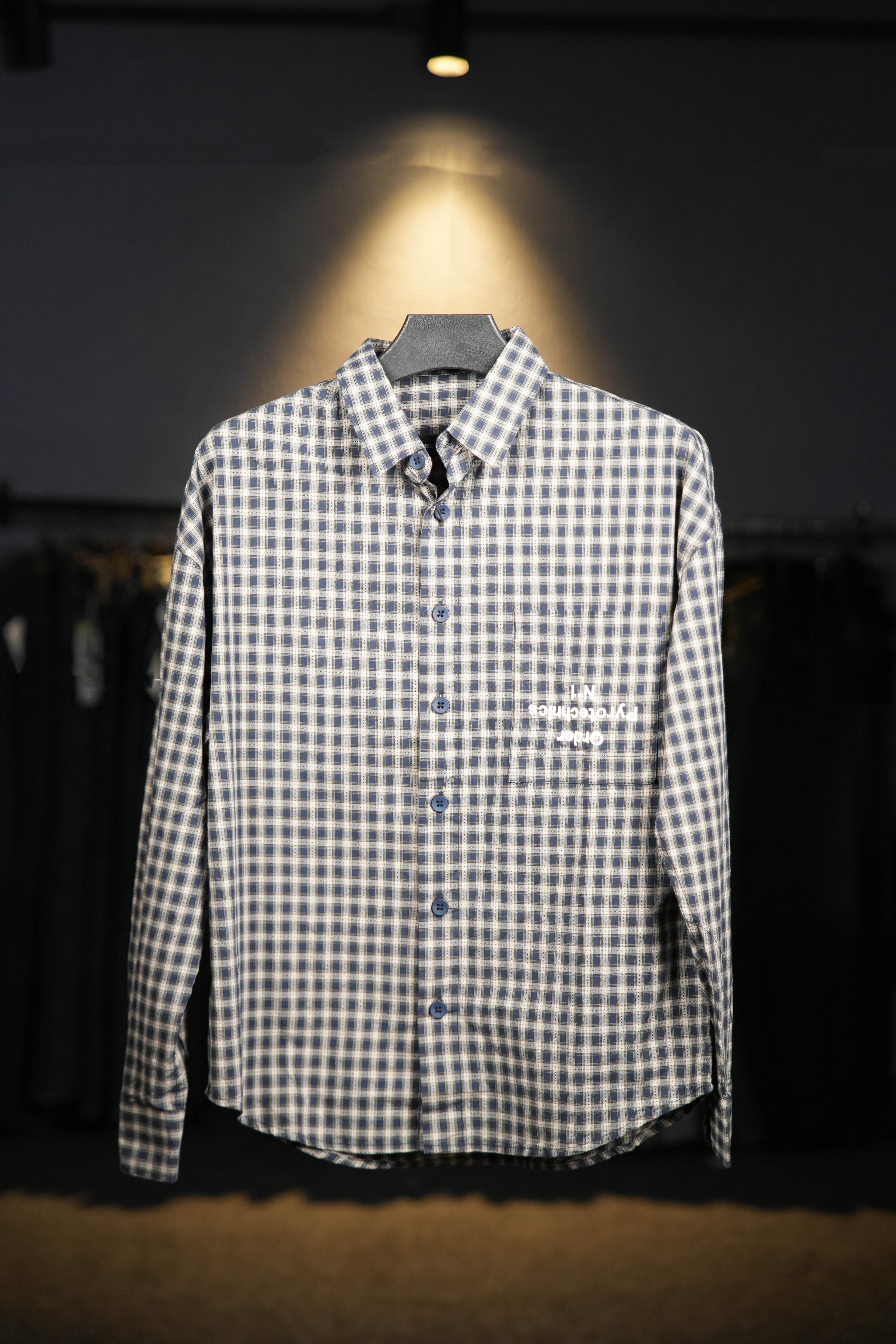 Dark Blue Embroidered Checks Shirt