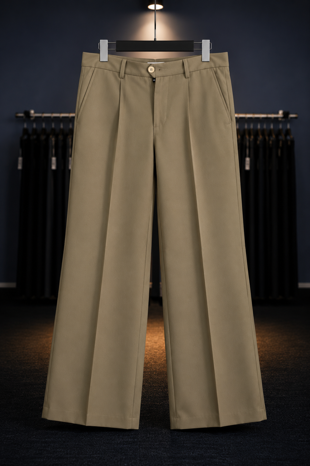 Beige wide-leg pants on a hanger against a dark background