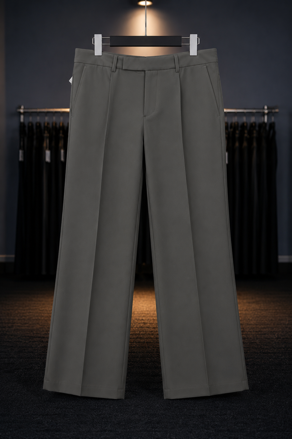 Gray pleated pants on a hanger against a dark background